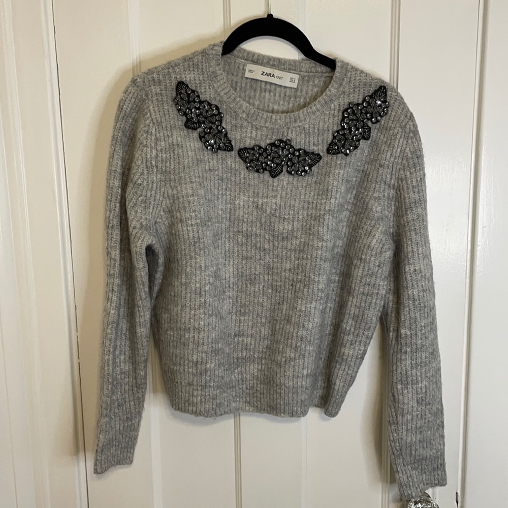 Luxury Knit Zara Grey Sweater With Jewels